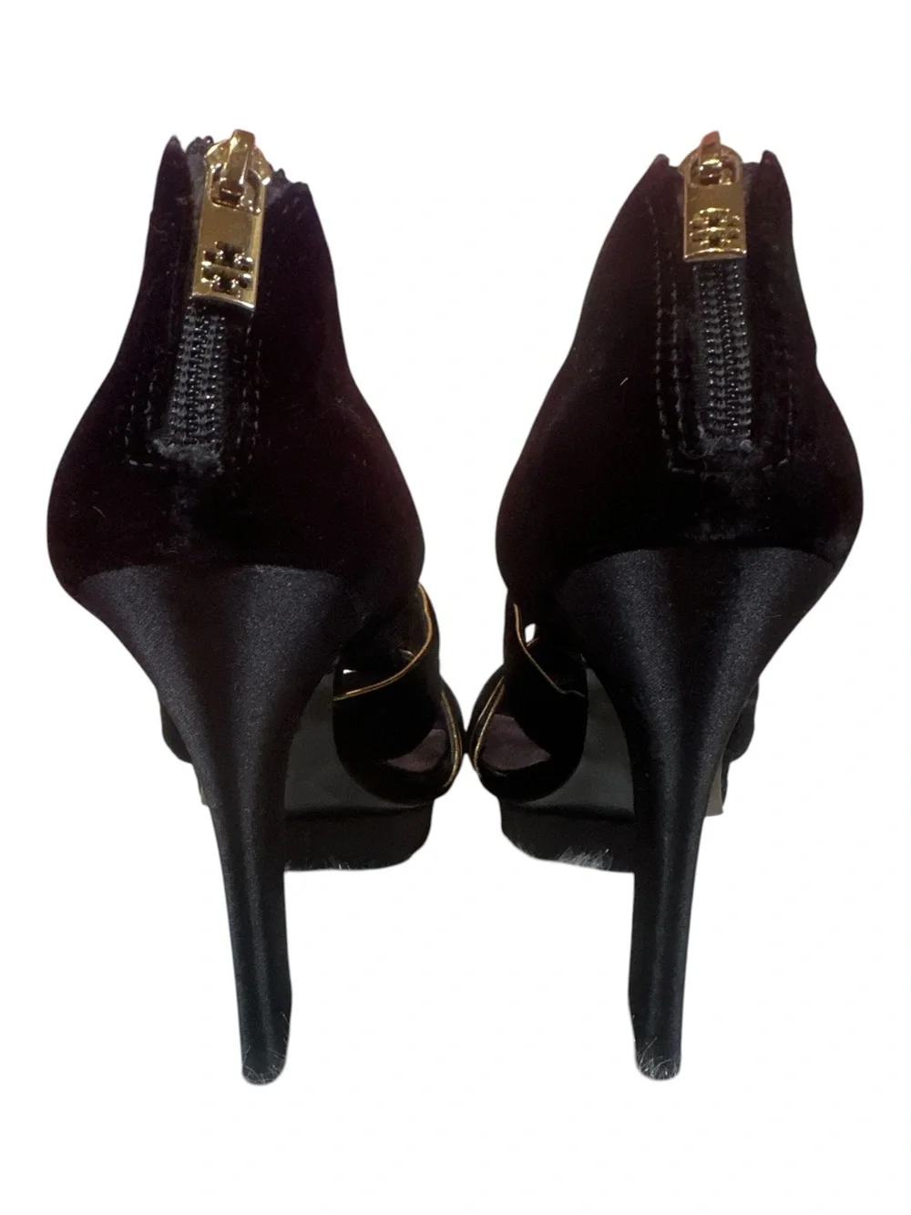 Tory Burch Carsonie Black Velvet Gold Piping Platform Heels Size 8